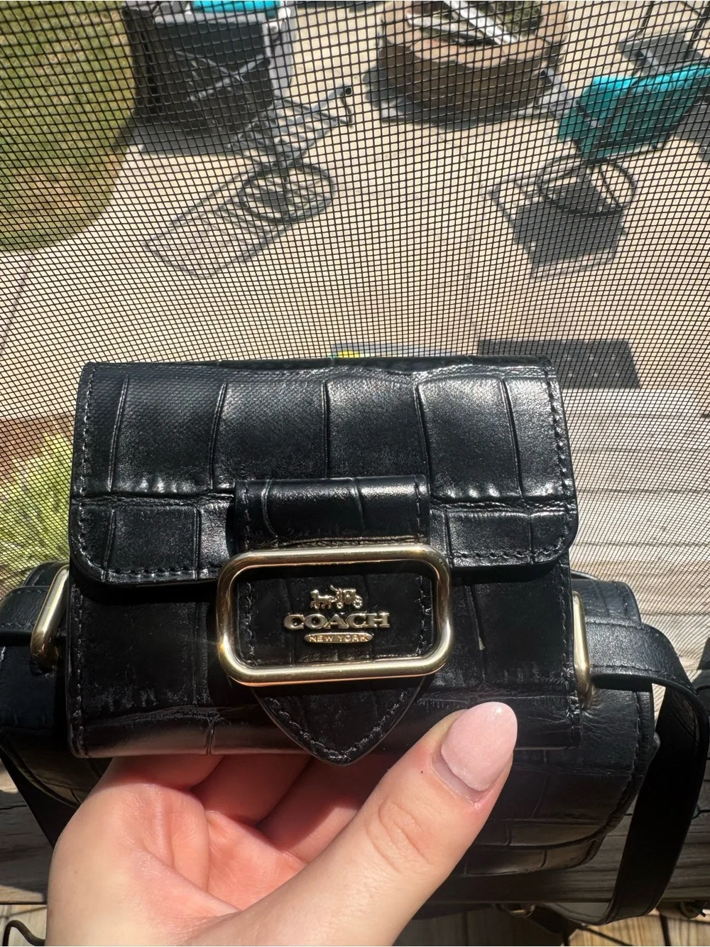 Coach Black Croc-Embossed Leather Crossbody with Gold Hardware
